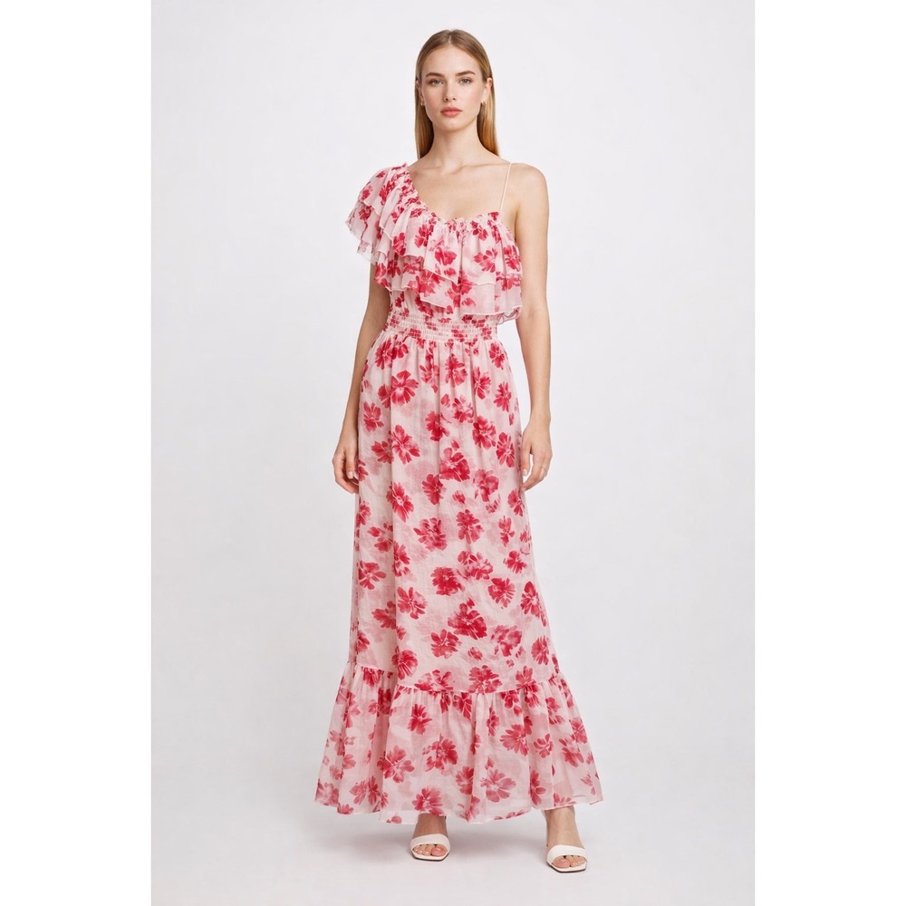 MISA Los Angeles Floral Maxi Dress One Shoulder Ruffle Pink Red XS/S‎